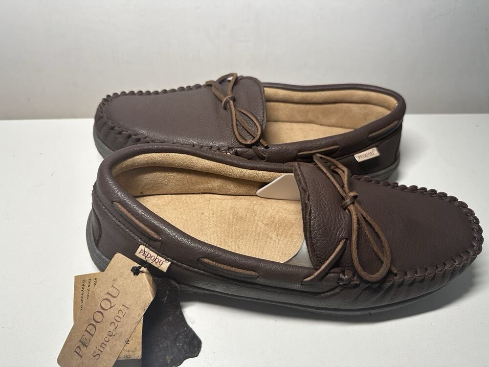 PEDOQU Men's Moosehide Leather Moccasins Slippers Memory Foam Sz 11